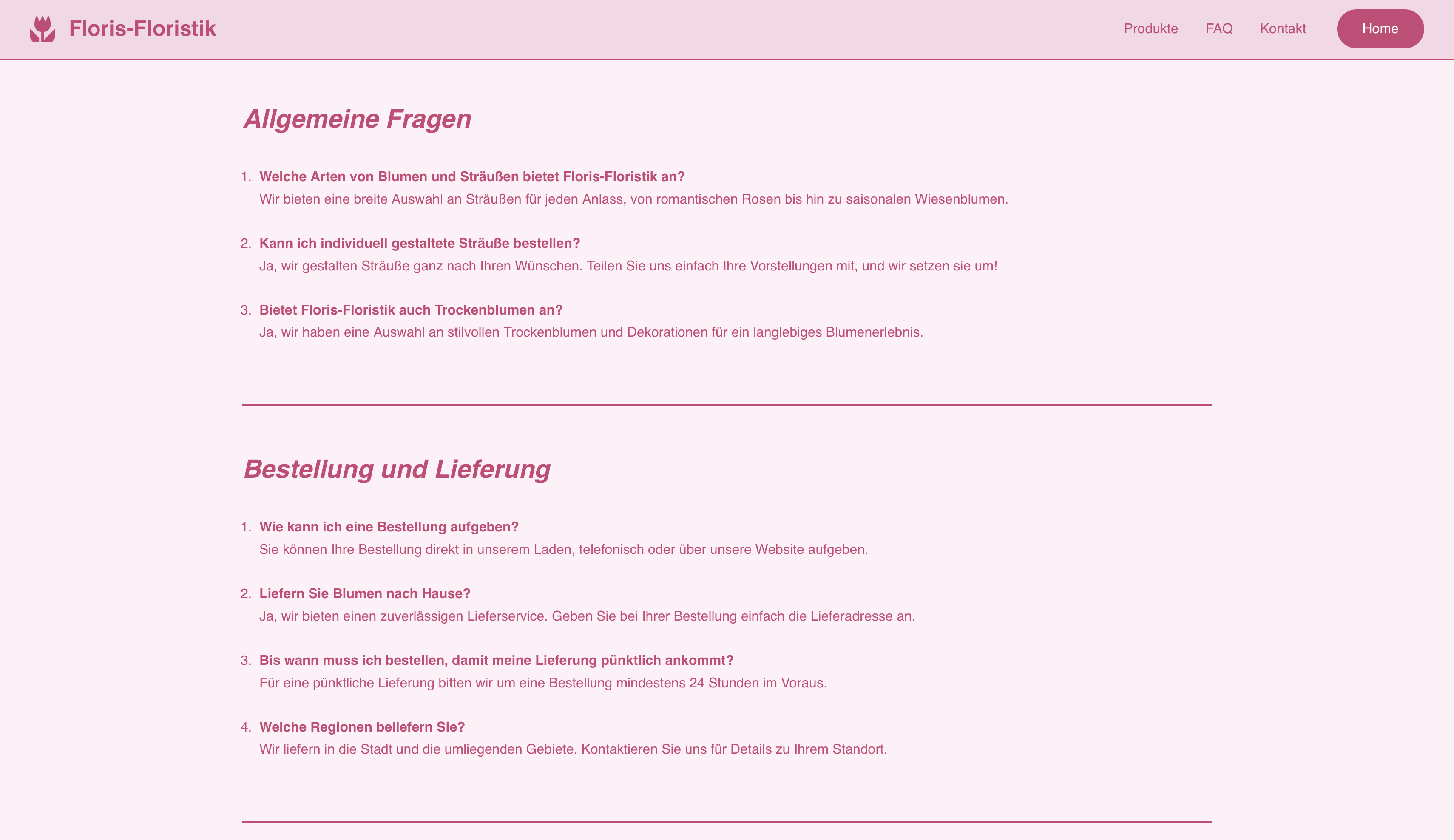 Beispiel für strukturierte FAQ-Darstellung – Webdesign-Demo für Floristikunternehmen.