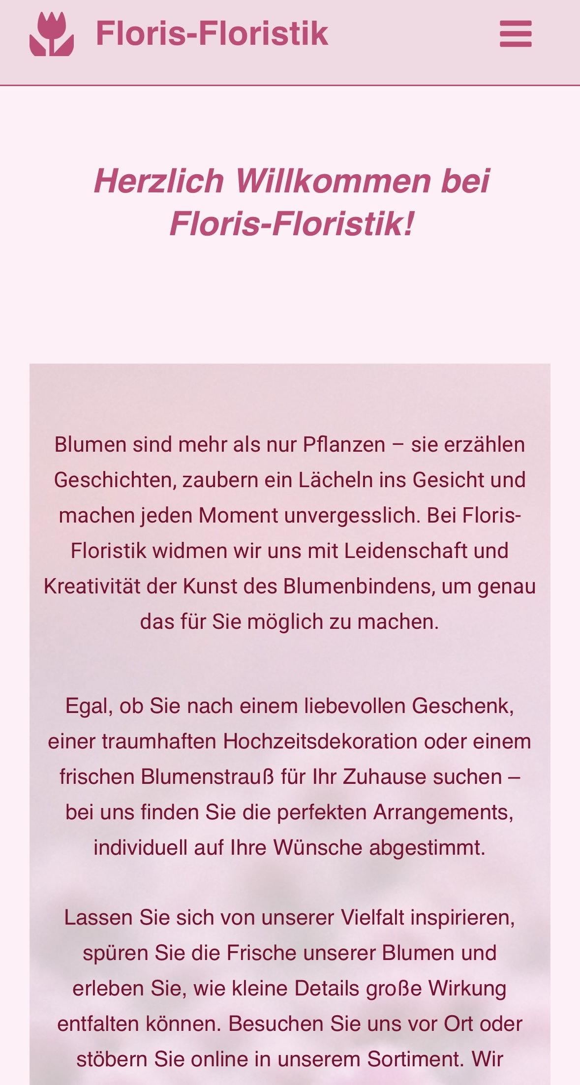 Mobile Ansicht der Startseite von Floris-Floristik – Demo-Website für Floristen.