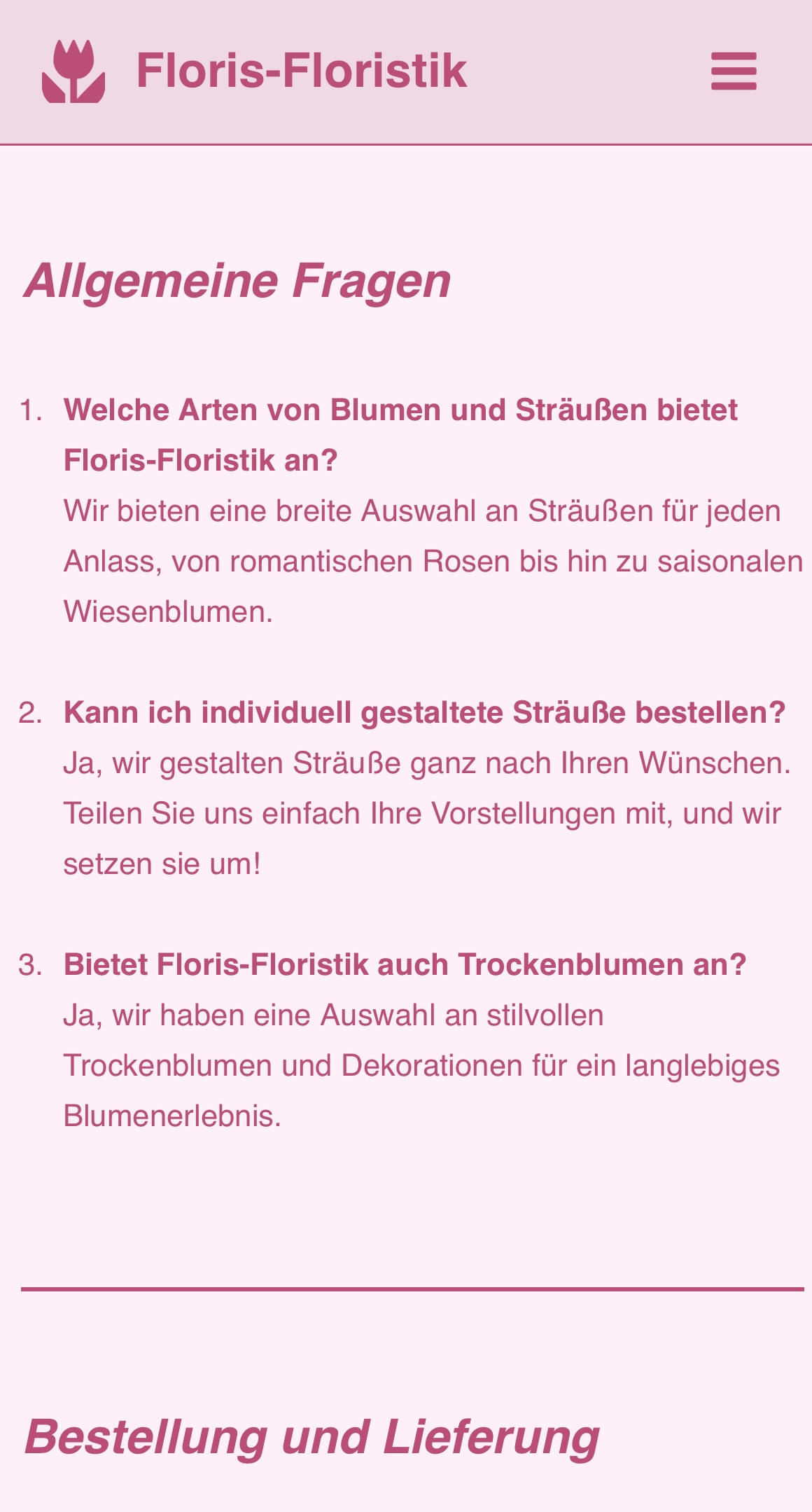 FAQ-Bereich der Floris-Floristik Website in mobiler Ansicht – Informationen zu Lieferung und Bestellung.